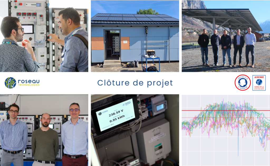 Un visuel illustrant les moments forts du projet RACCOFLEX-BT : présentation de la maquette Roseau Smart Lab lors de la conférence ISGT à Grenoble, expérimentations au Fraunhofer Institute à Kassel, déploiement avec SOREA, présentation des résultats à l'ADEME, déploiement avec le SDED, etc