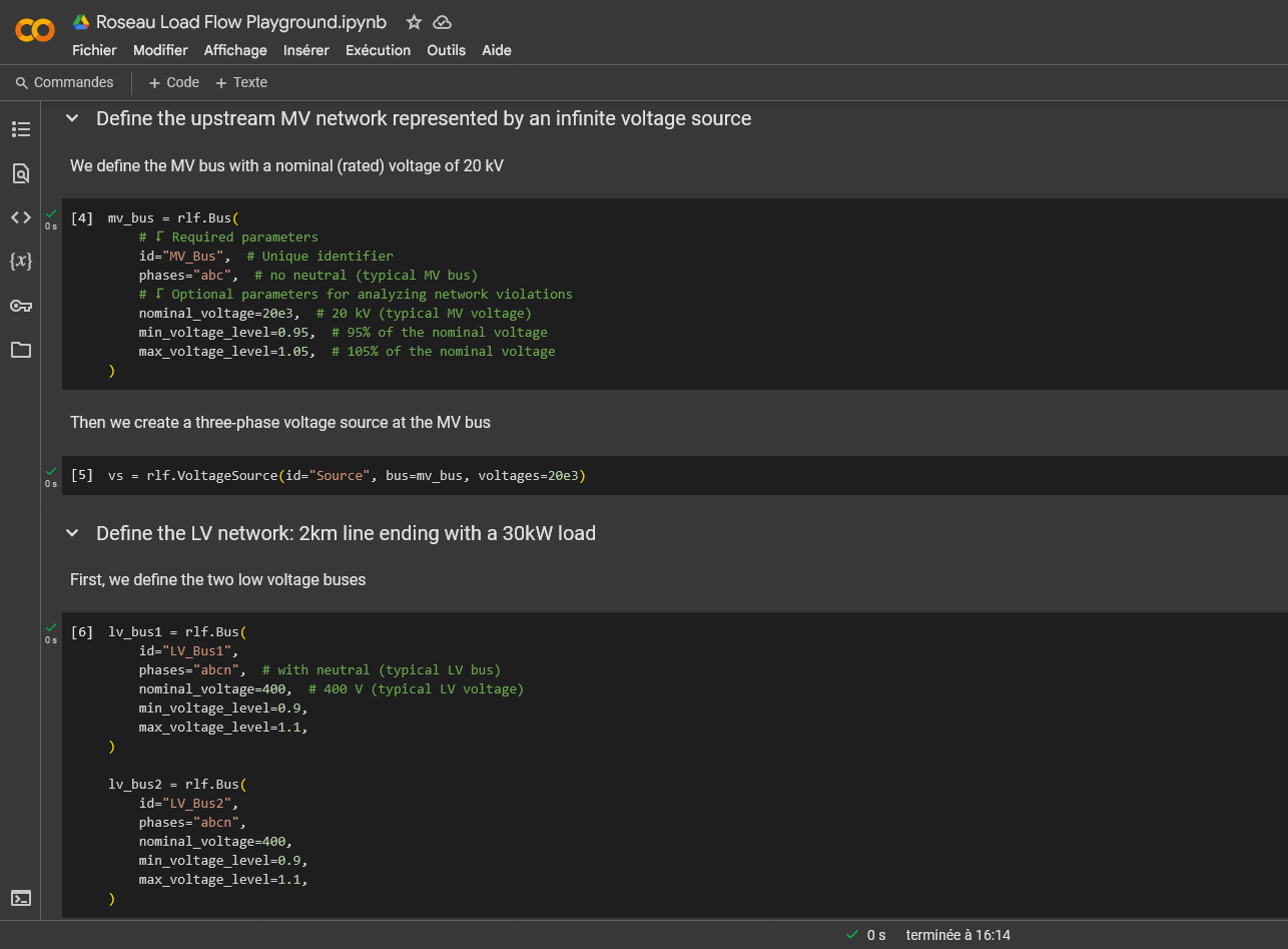 Une capture d'écran du tutoriel Google Colab de Roseau Load Flow, une API Python dédiée au calcul de load flow