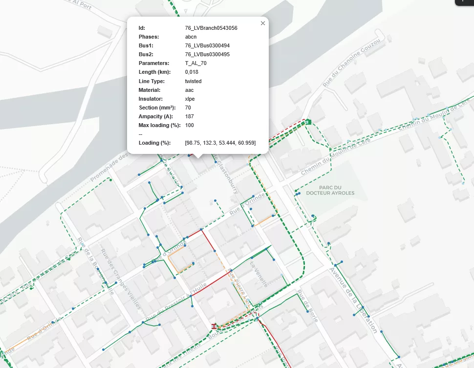 An electricity distribution network is plotted on a map. Colours represent the electrical state