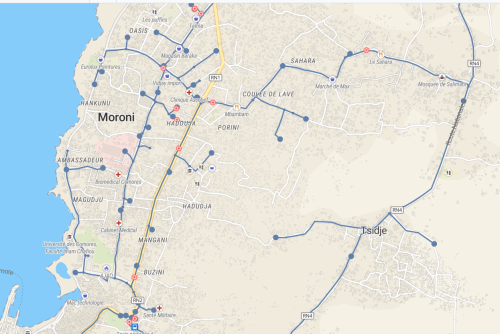 Réseau de distribution MT des Comores Le modèle électrique créé à partir des relevés GPS est désormais intégré dans le logiciel Berenis et est prêt pour la simulation